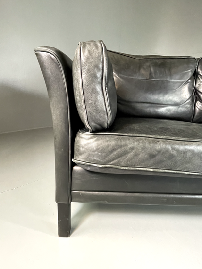 EB5869 Vintage Danish 2 Seat Sofa Grey Black Leather Retro Seating M2SS