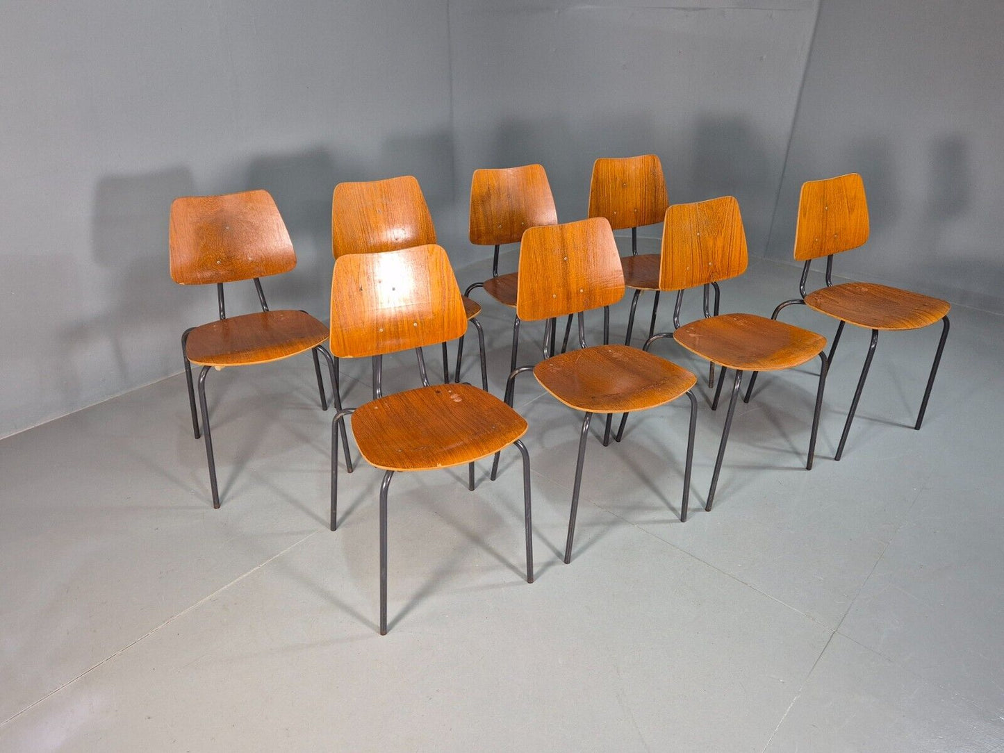 8 Vintage Danish Stacking Chairs Teak Plywood Steel Frame 1960 Retro EB8373 MSTA