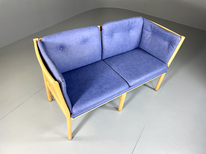 EB5380 Vintage Danish Beech Frame Sofa, Blue Vinyl Upholstery, Retro, M2SS