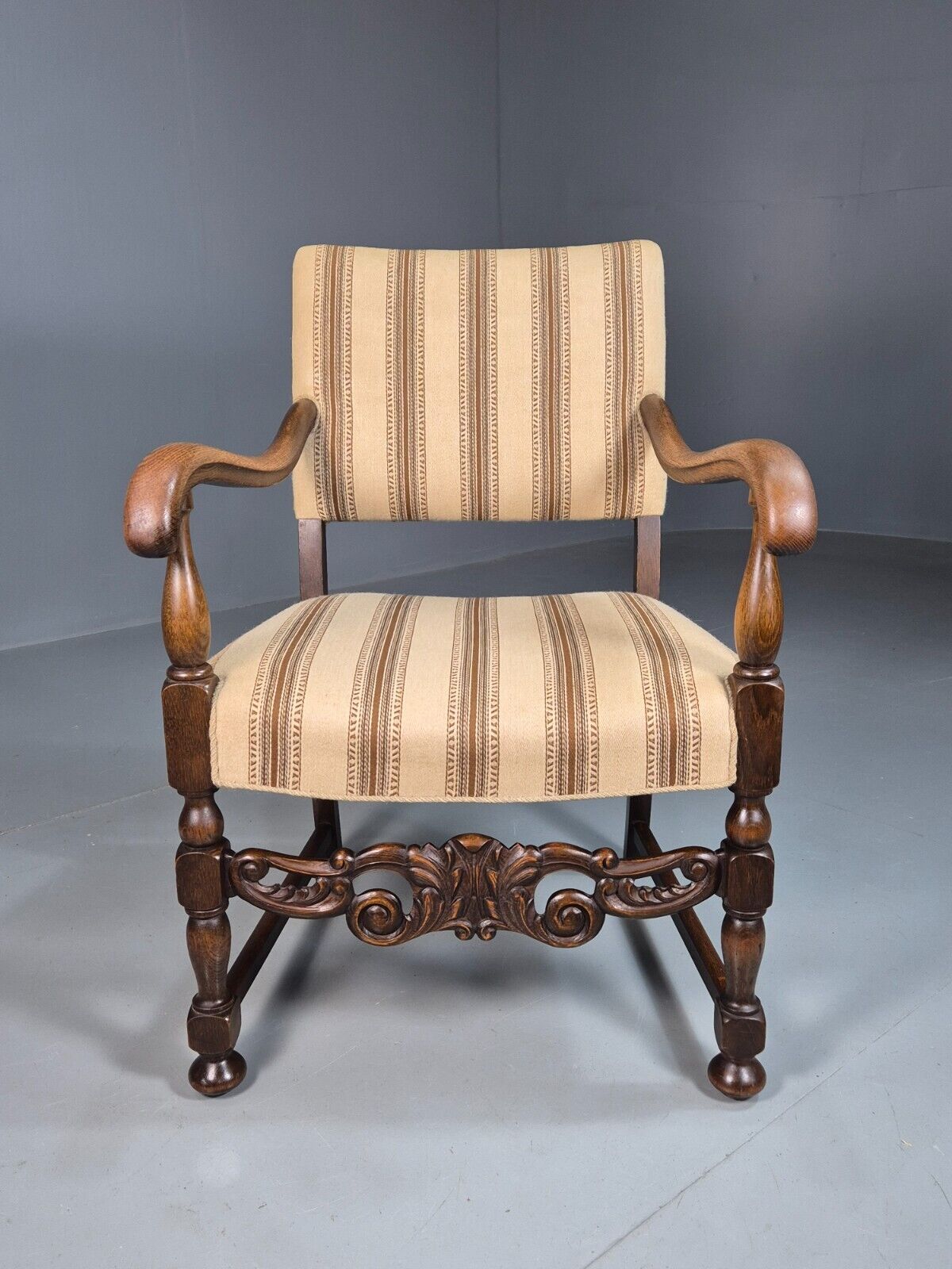 Vintage Danish Elbow Chair Cream Stripe Oak Frame 1950s Repro EB8084 VDIN