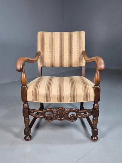 Vintage Danish Elbow Chair Cream Stripe Oak Frame 1950s Repro EB8084 VDIN