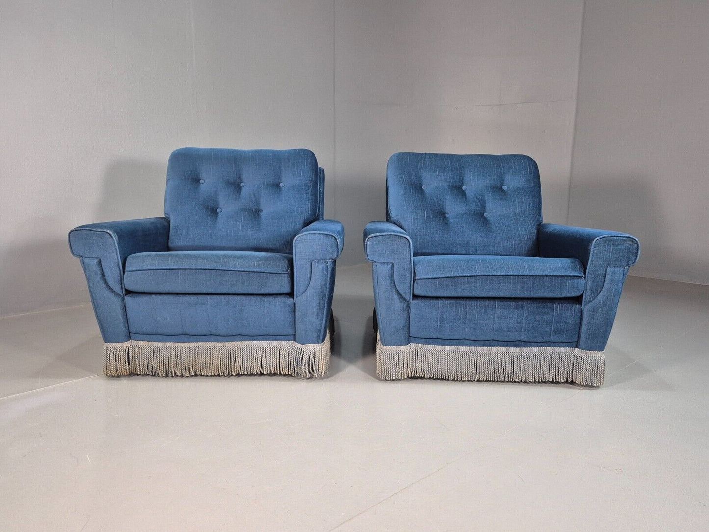 Pair Vintand Danish Blue Velour Armchairs Tassels Chrome Retro EB8021 MNOR