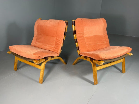 EB6636 2 Vintage Danish Lounge Chairs Salmon Bentwood Farstrup Retro MCM MNOR