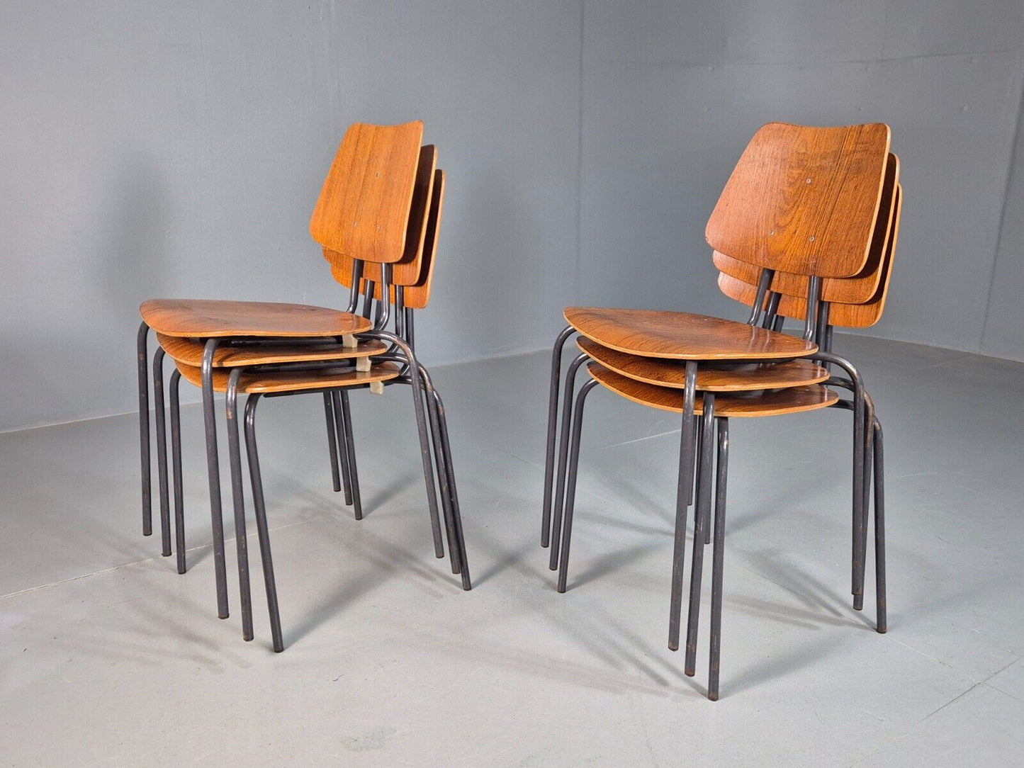 6 Vintage Danish Stacking Chairs Teak Plywood Steel Frame 1960 Retro EB8377 MSTA