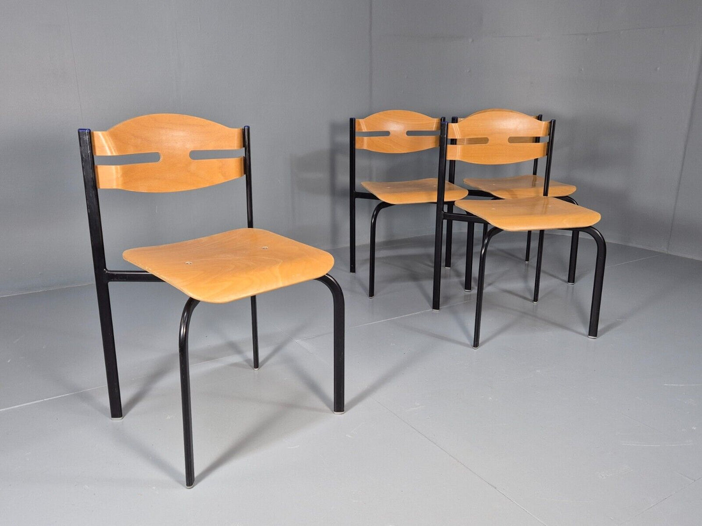 4 Vintage Danish Stacking Chairs Bent Ply Black Metal SIS 1980 Retro EB8856 MSTA