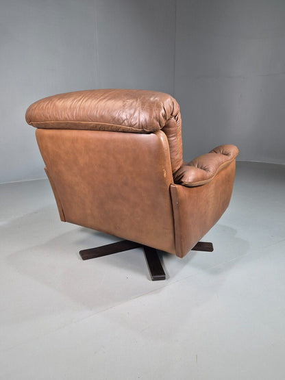 Vintage Danish Swivel Lounge Chair Brown Leather 1979s Retro MCM  EB7442 MSWI