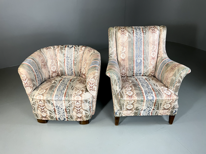 EB5311 Vintage Danish Pair of Armchairs Bold Print Fabric Beech Feet VCLO