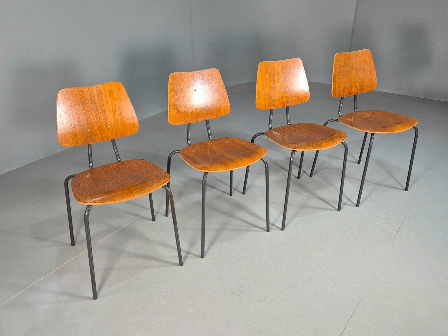 4 Vintage Danish Stacking Chairs Teak Plywood Steel Frame 1960 Retro EB8376 MSTA