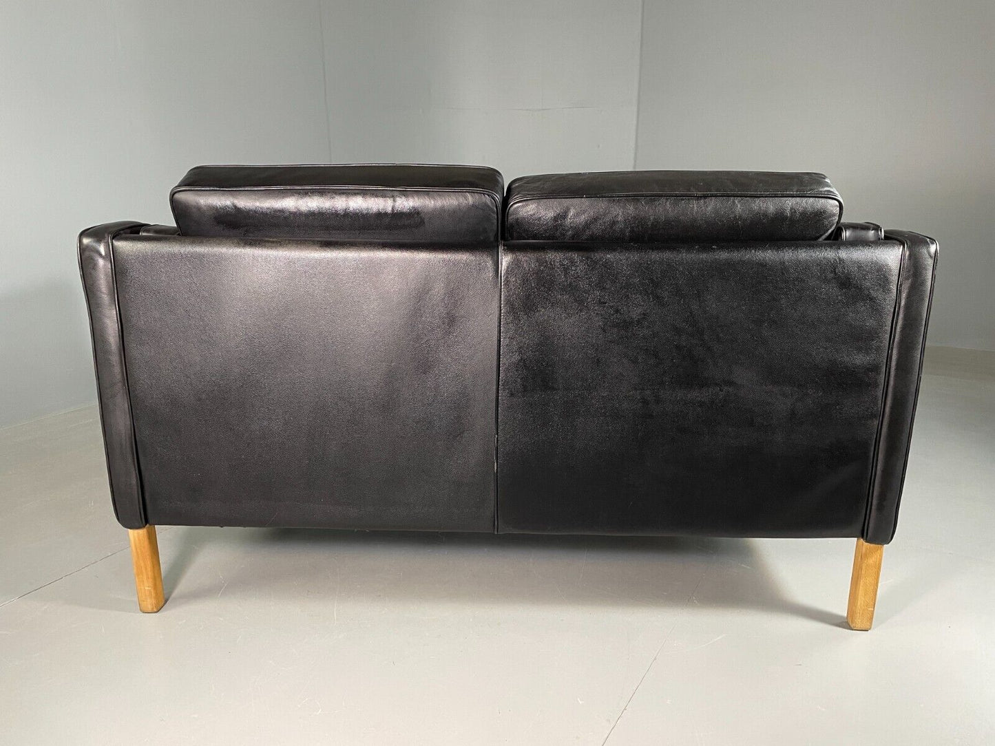 EB6641 Vintage Danish 2 Seat Sofa Black Leather Mogensen Style Retro MCM M2SS