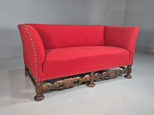 Antique Style Danish Red 2 Seat Box Sofa Carved Oak Studded EB8031 V2SS