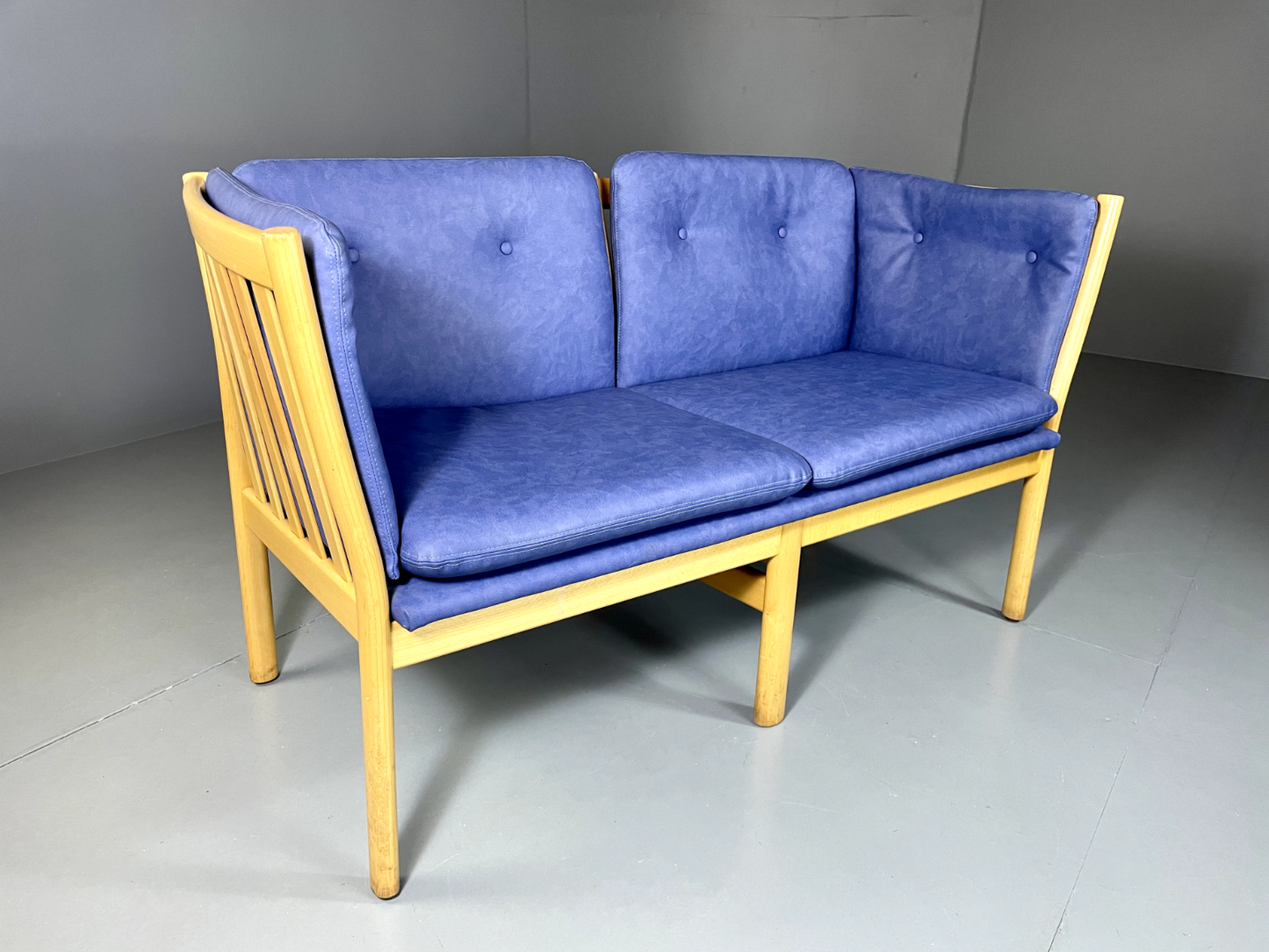 EB5380 Vintage Danish Beech Frame Sofa, Blue Vinyl Upholstery, Retro, M2SS