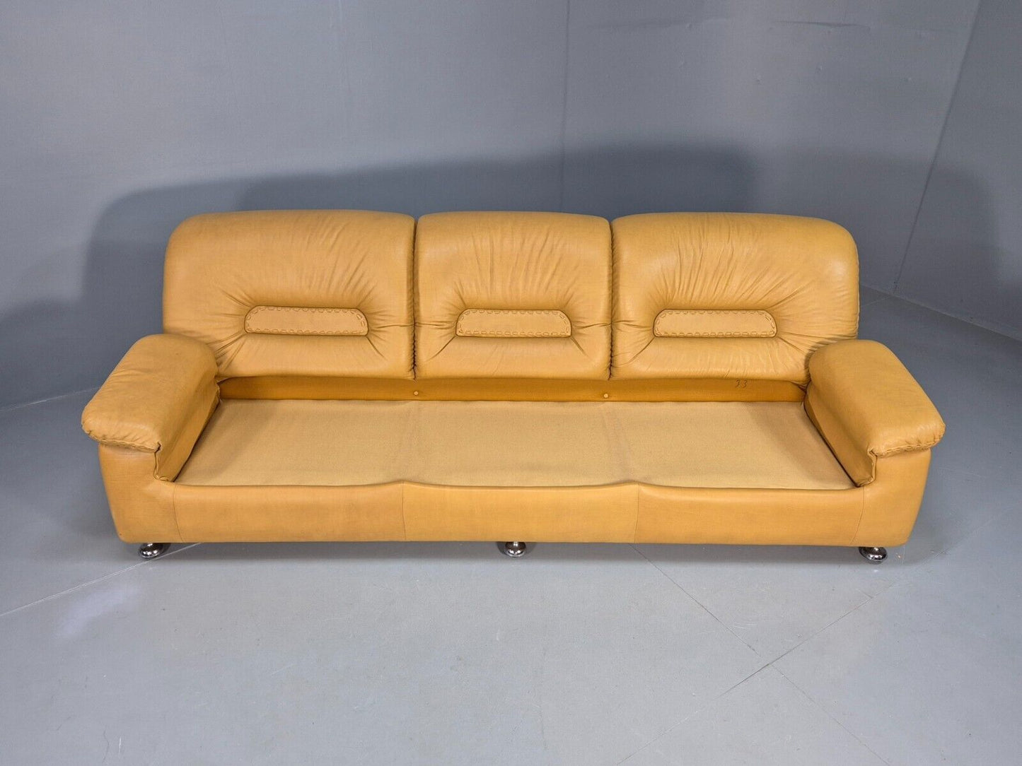 Vintage De Sede Style 3 Seat Sofa Mustard Leather Retro 1970 MCM EB8426 M3SS