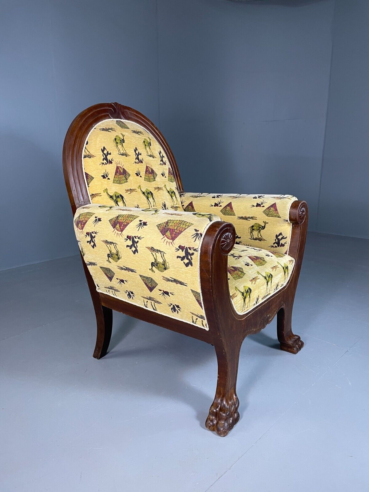 EB6675 Vintage Danish Lounge Chair Yellow Mahogany Paw Feet Antique Empire VCLO