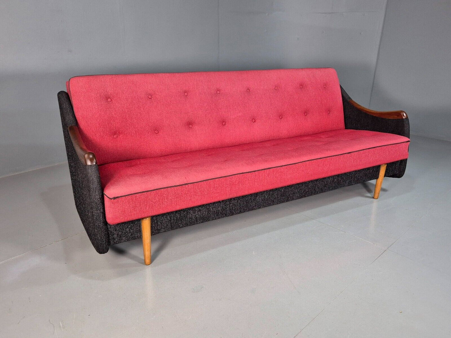 Vintage Danish Sofa Bed  Red and Black Teak Paws 1960s Retro MCM EB8326 M4SS