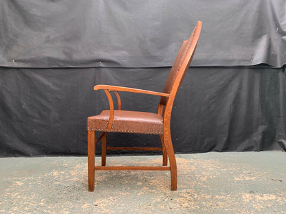 EB1949 Danish Oak & Brown Vinyl High-Back Arm Chair Elbow Desk Vintage VDIN