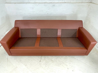 EB4300 Danish Tan Leather 1970s Sofa. Oak Sled Base, Vintage, Retro, MCM. M3SS