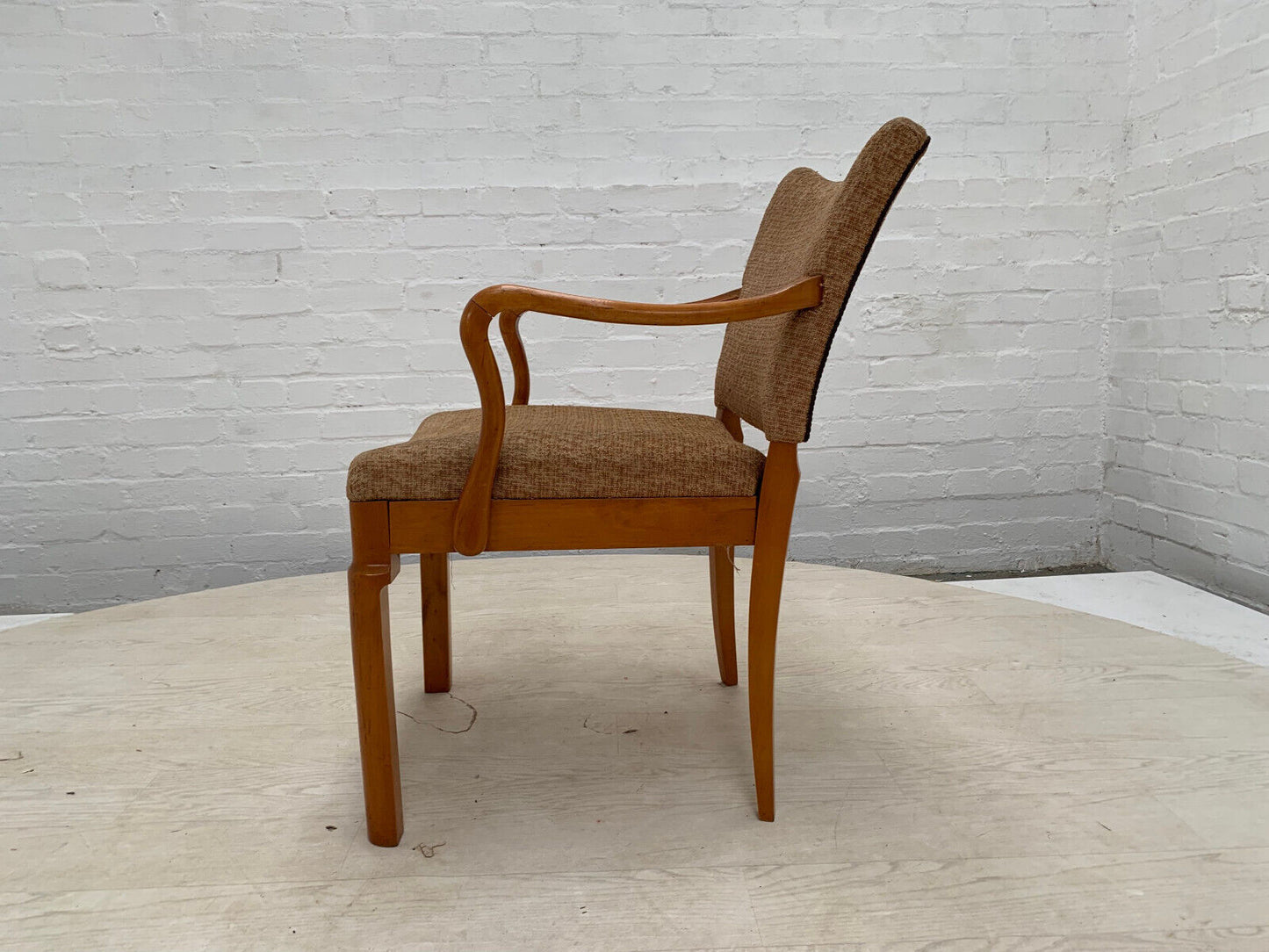 EB3102 Danish Beech Elbow Chair with Brown Patterned Fabric Vintage MDIN