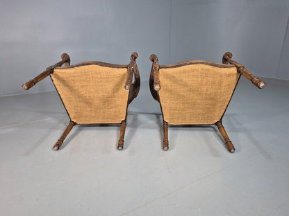 2 Vintage Lounge Chairs White Calico Fruitwood Inlay Edwardian EB8171 VCLO