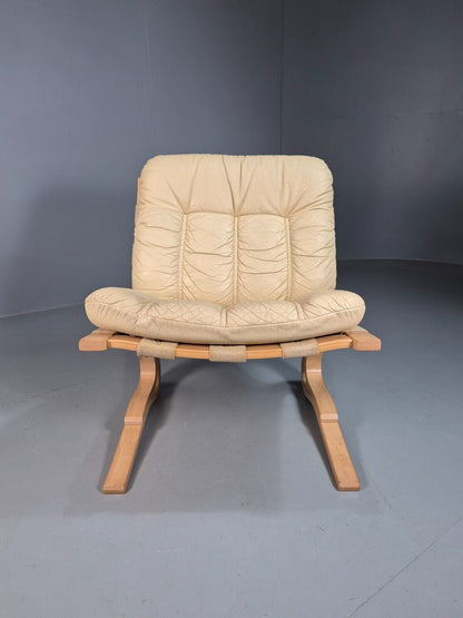 Vintage Danish Lounge Chair Beige Leather Bentwood Skyline Retro MCM EB5377 MBEN