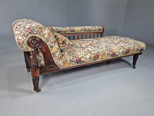 Vintage Chaise Lounge Floral Upholstery Oak Frame 1900s Antique EB7605 VCHA