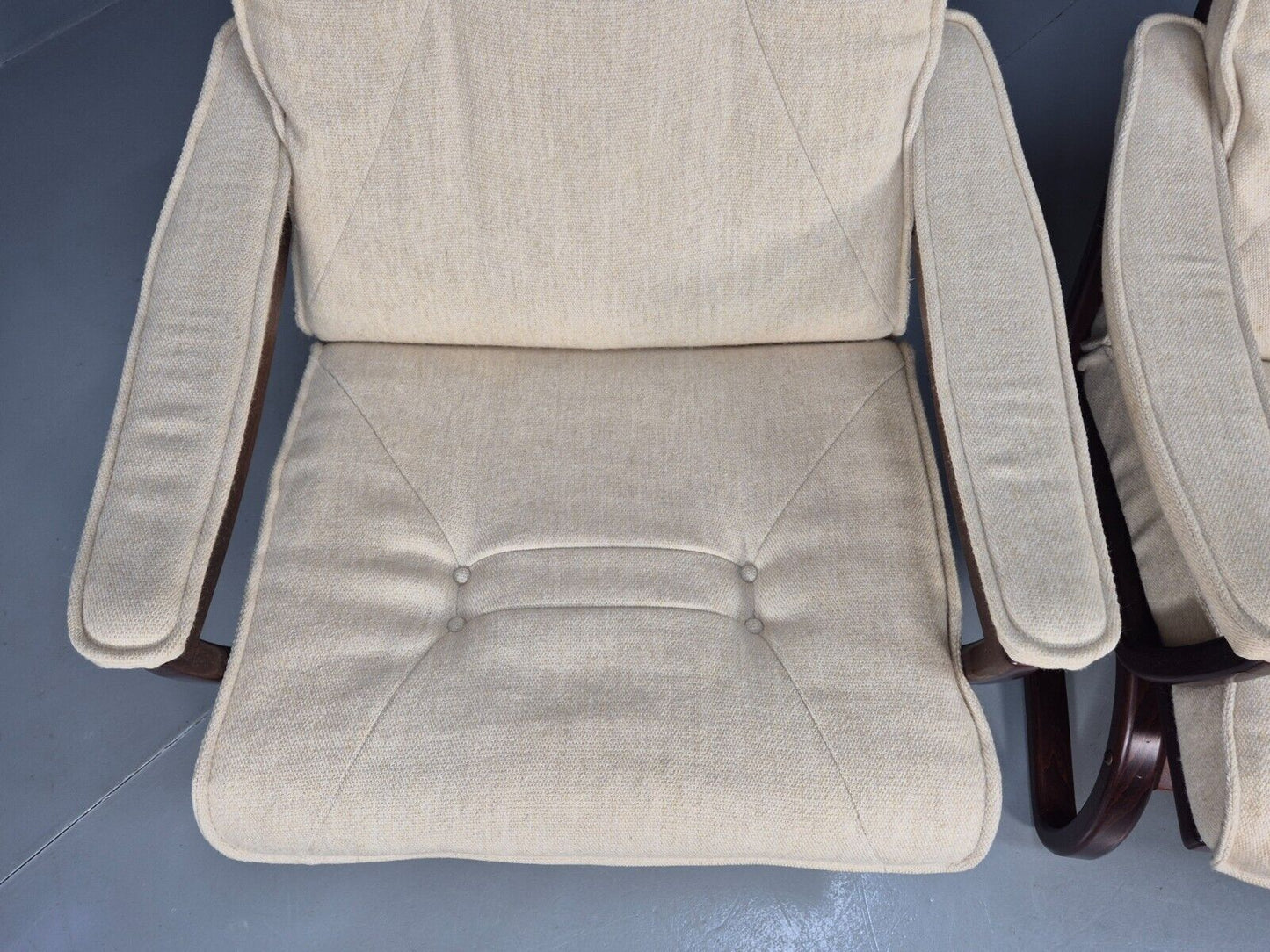 2 Vintage Danish Lounge Chairs Cream Wool Bentwood 1980s Retro MCM EB8540 MBEN