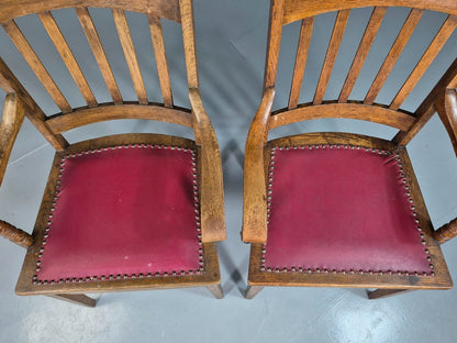 2 Vintage Elbow Chairs Red Leatherette Oak 1920s Retro EB7393 VLEA