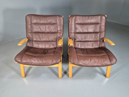 EB7572 2 Vintage Danish Lounge Chairs Leather Bentwood Farstrup Retro MCM MBEN