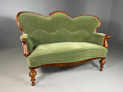 EB6969 Vintage Danish 2 Seat Sofa Mahogany Green Velour Camel Back Antique V2SS