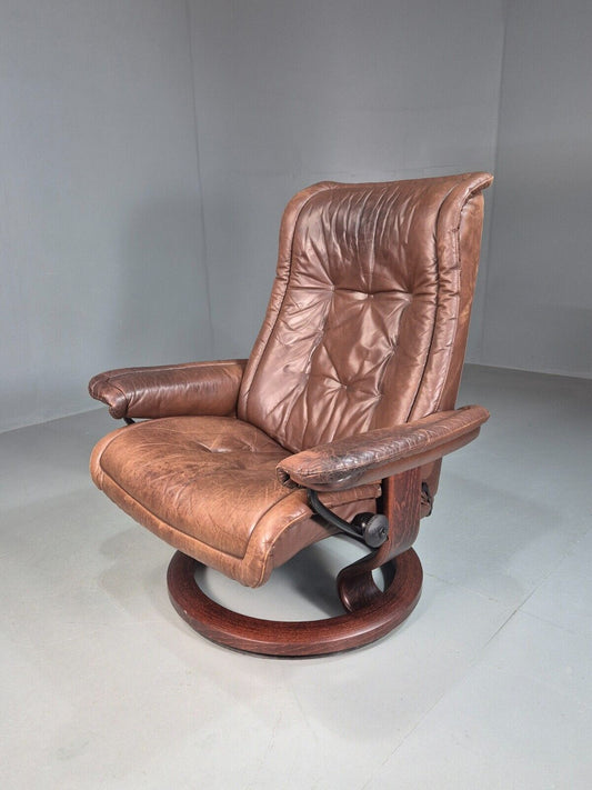 Vintage Norwegian Lounge Chair Brown Leather Ekornes Stressless 1980 EB8251 MSWI