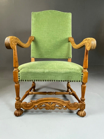 EB4649 Danish Early 20th Century Carved Oak And Green Velour Chair, Antique VCAR