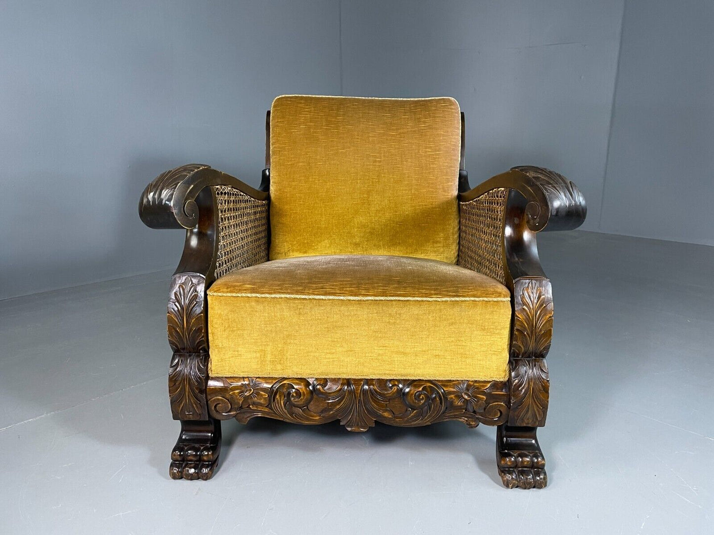 EB6768 Vintage Danish Lounge Chair Gold Velour Bergere Beech Antique 1920s VCLO