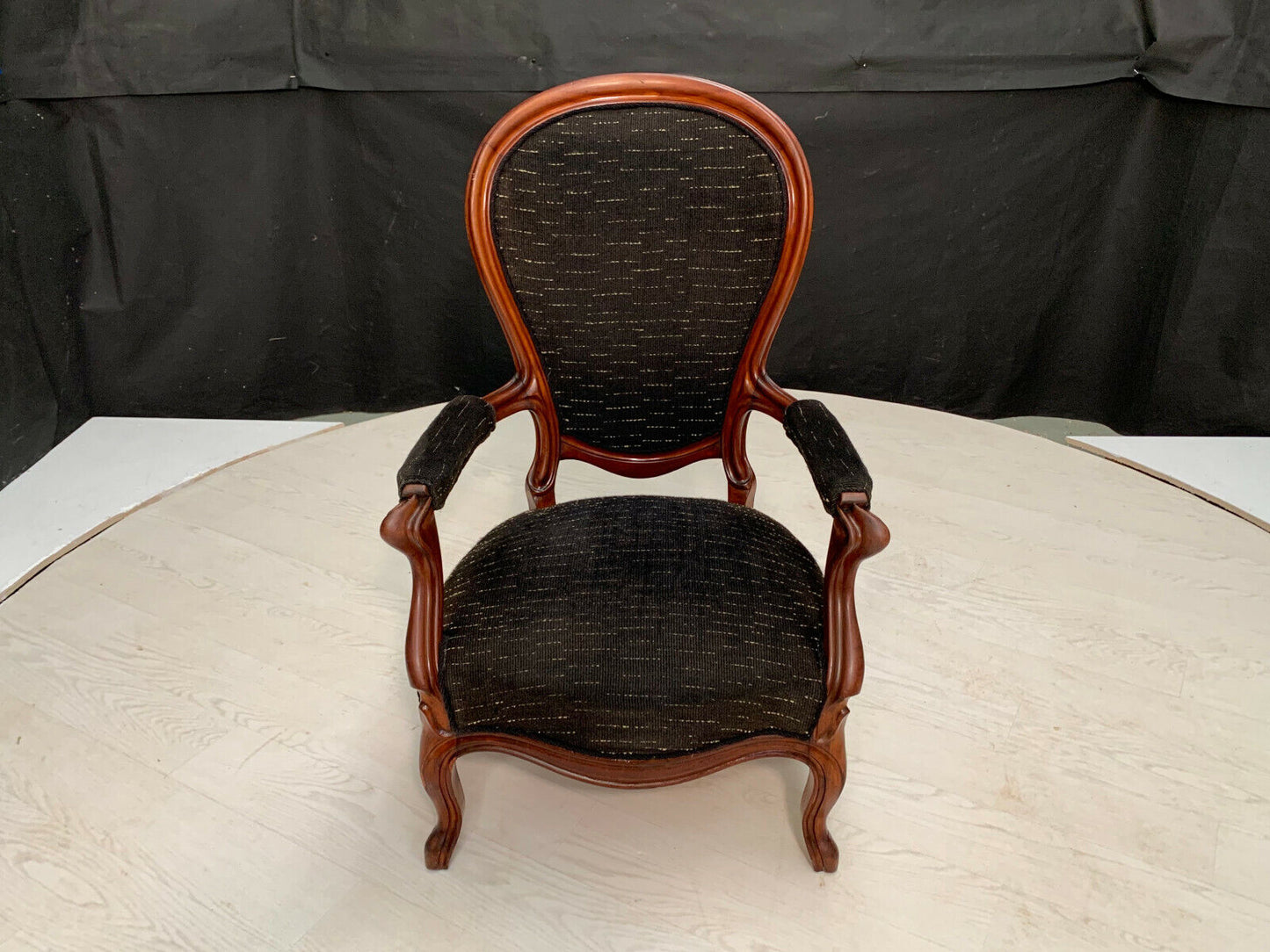 EB2268 Danish Carved Mahogany  & Black Wool Highback Antique Chair Vintage VCAR