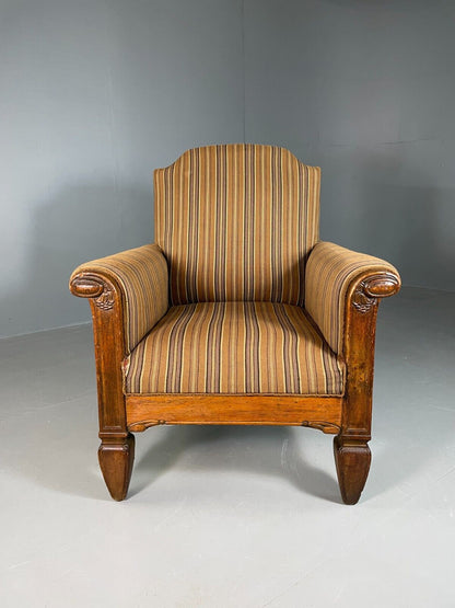 EB6707 Vintage Danish Lounge Chair Green Stripe Oak Frame Antique 1920s VCLO