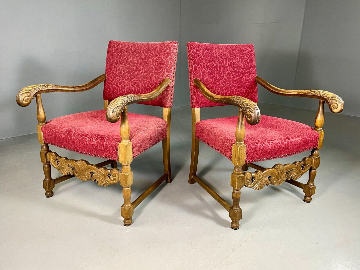 EB6943 2 Vintage Elbow Chairs Red Moquette Oak Frame 17th Century Style RepoVCLO