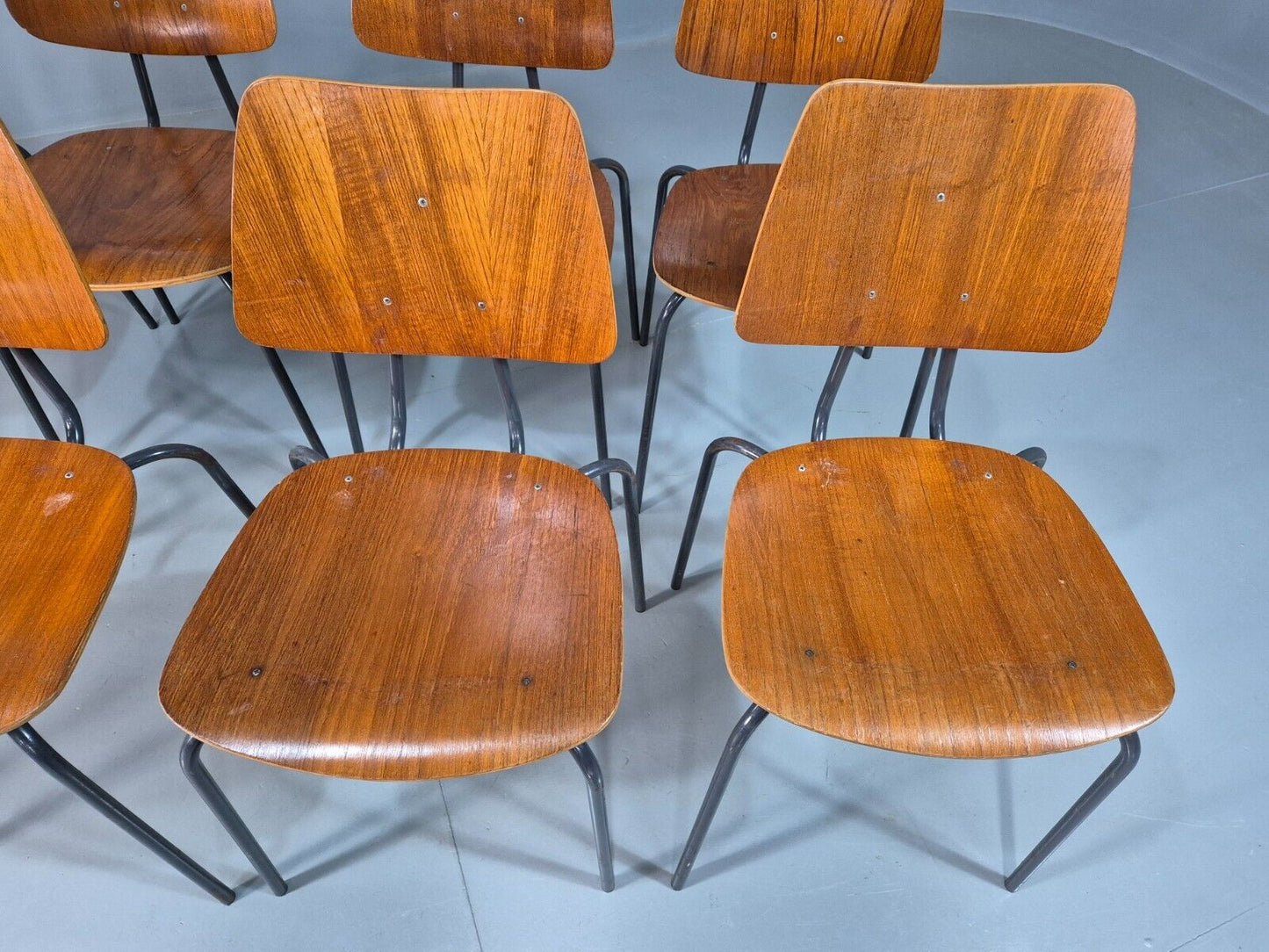 8 Vintage Danish Stacking Chairs Teak Plywood Steel Frame 1960 Retro EB8374 MSTA