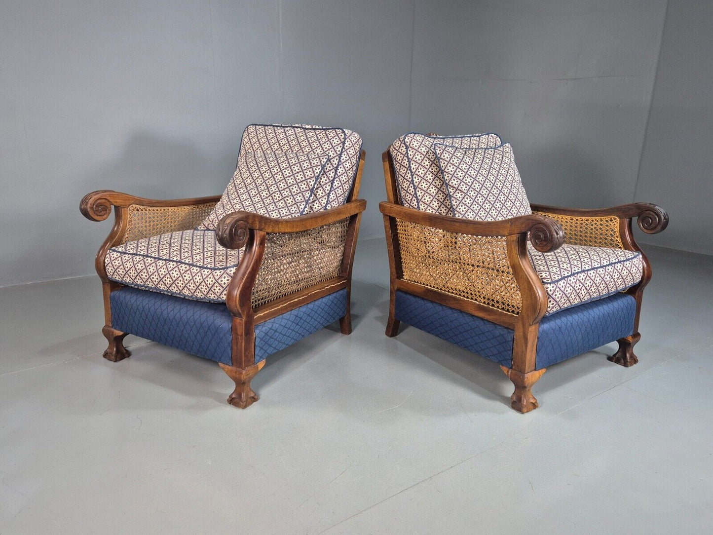 2 Vintage Lounge Chairs Blue Cream upholstery Bergere 1900s Antique EB7881 VBER