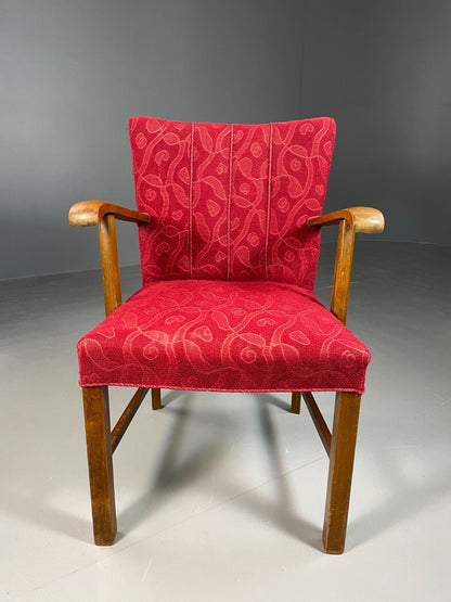 EB6589 Vintage Danish Desk Chair Red Moquette Beech Frame 1950s Retro VDIN