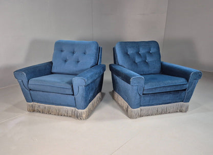 Pair Vintand Danish Blue Velour Armchairs Tassels Chrome Retro EB8021 MNOR