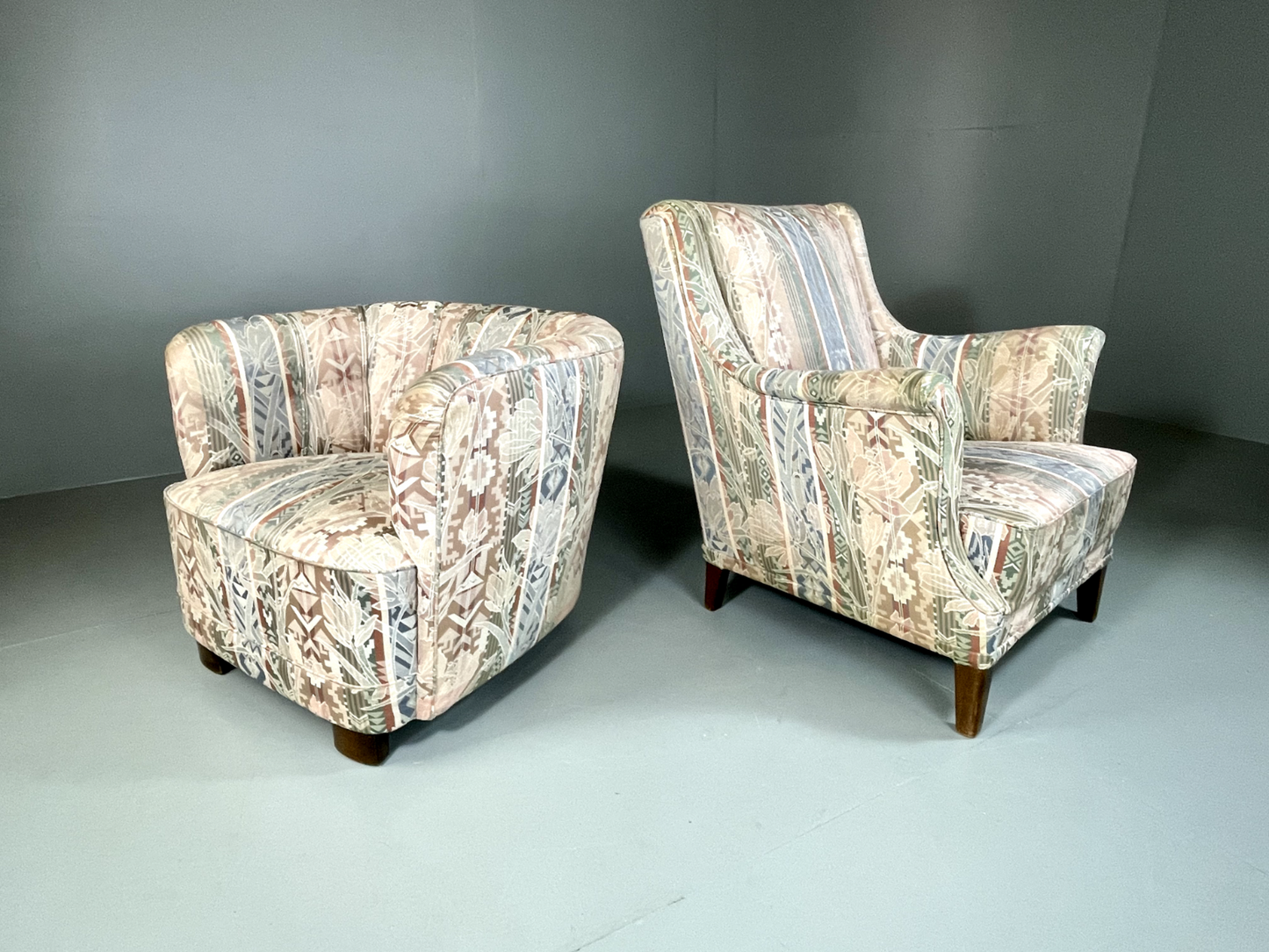 EB5311 Vintage Danish Pair of Armchairs Bold Print Fabric Beech Feet VCLO