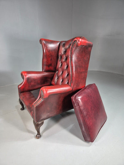 Vintage Wing back Lounge Chair Red Leather Chesterfield Queen Anne EB7806 VCHE