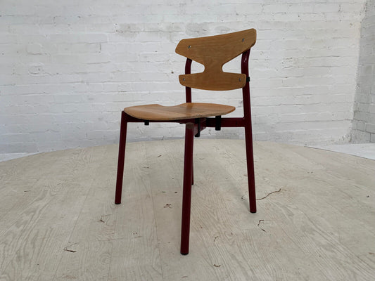 EB3636 Danish Beech & Burgundy Steel Childrens Stacking Chair Randers MSTA