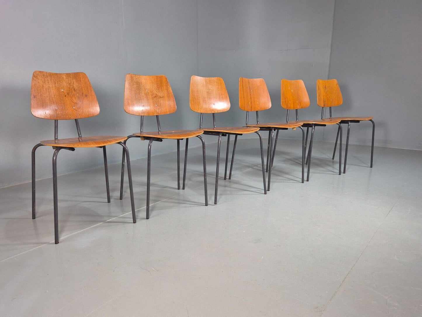 6 Vintage Danish Stacking Chairs Teak Plywood Steel Frame 1960 Retro EB8370 MSTA