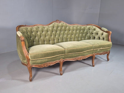 Vintage Three Seat Sofa French Regency Beech And Green Velour Button EB8012 V3SS