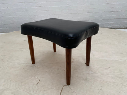 EB3149 Danish Black Vinyl Footstool on Turned Teak Legs Vintage Retro MFOO