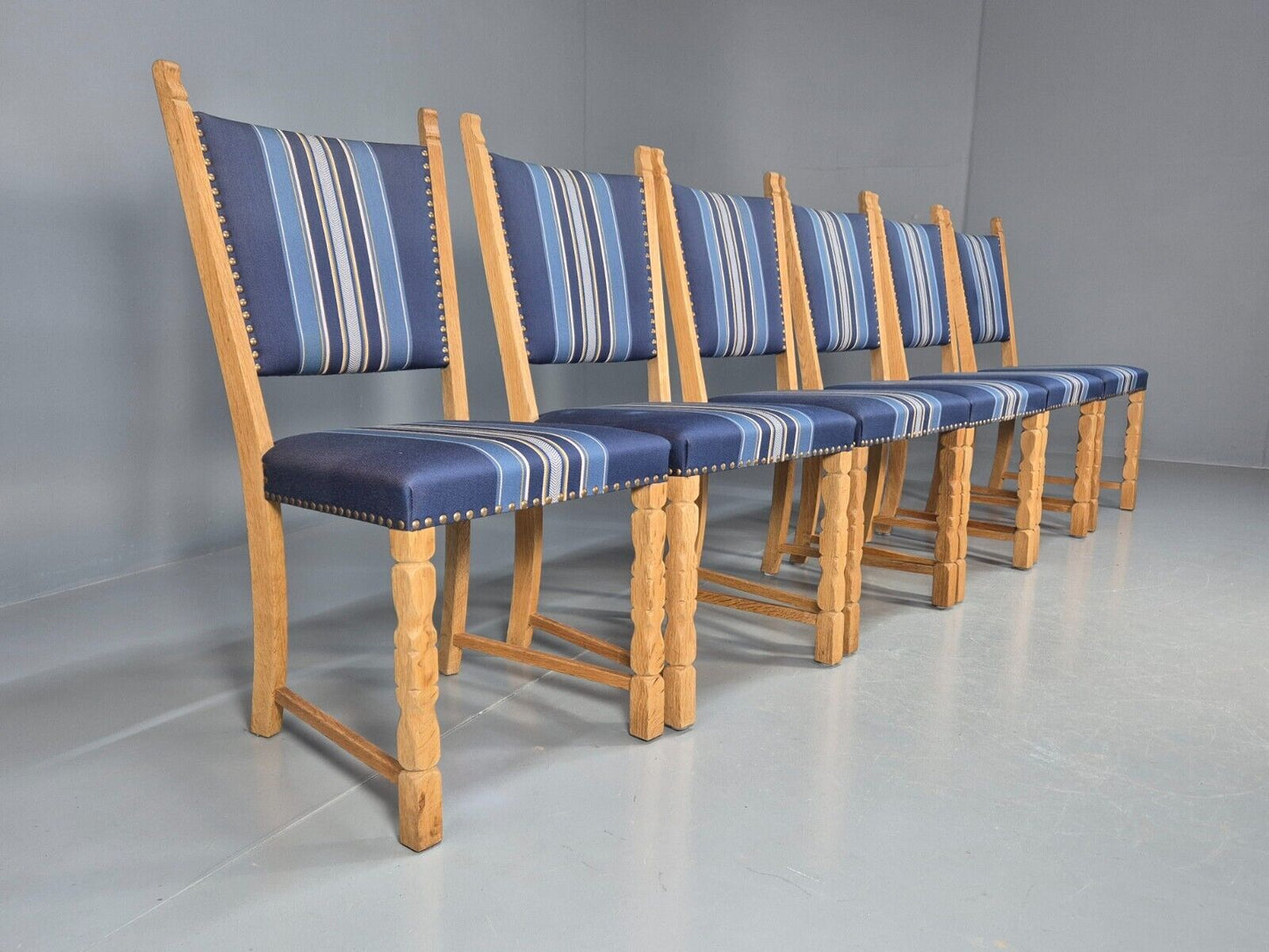 6 Vintage Danish Dining Chairs Blue Wool Oak Kjaernulf Style 1970s EB8300 MDIN