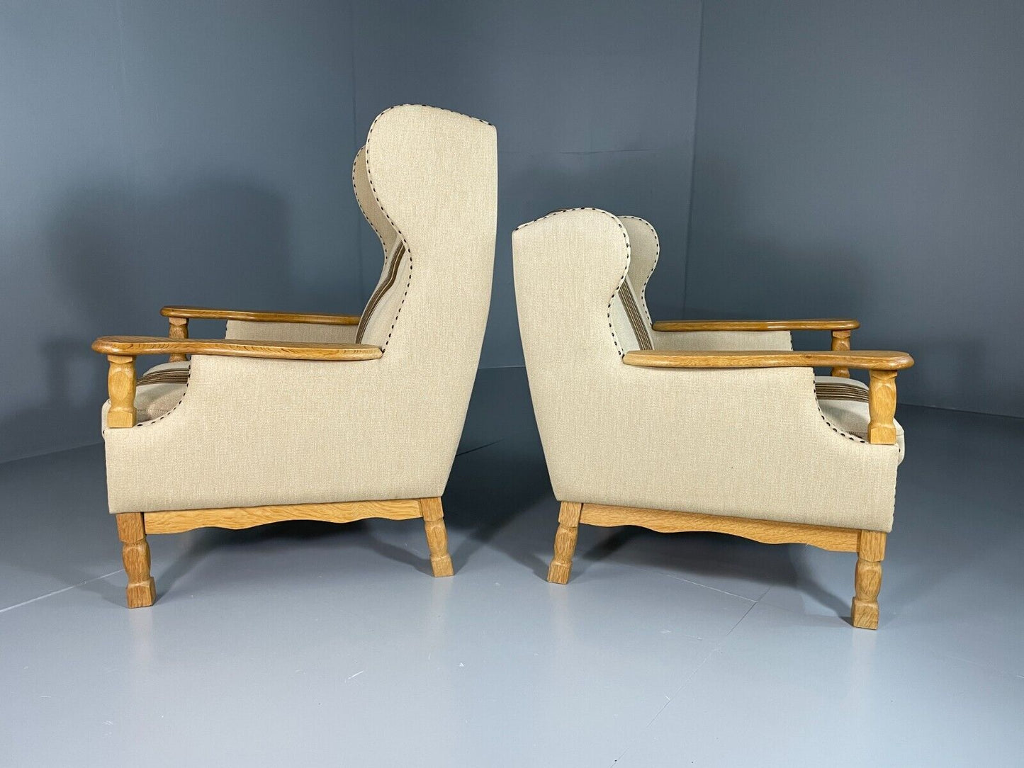 EB6491 Vintage Danish Pair of Armchairs Oak Frame Cream and Brown Fabric VCLO