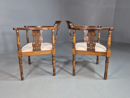 2 Vintage Lounge Chairs White Calico Fruitwood Inlay Edwardian EB8171 VCLO