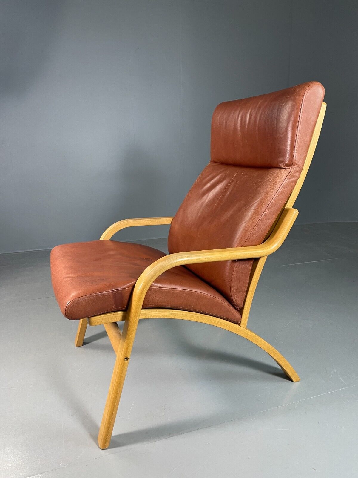 EB6648  Vintage Danish Lounge Chair Brown Leather Bentwood Stouby Retro MCM MBEN