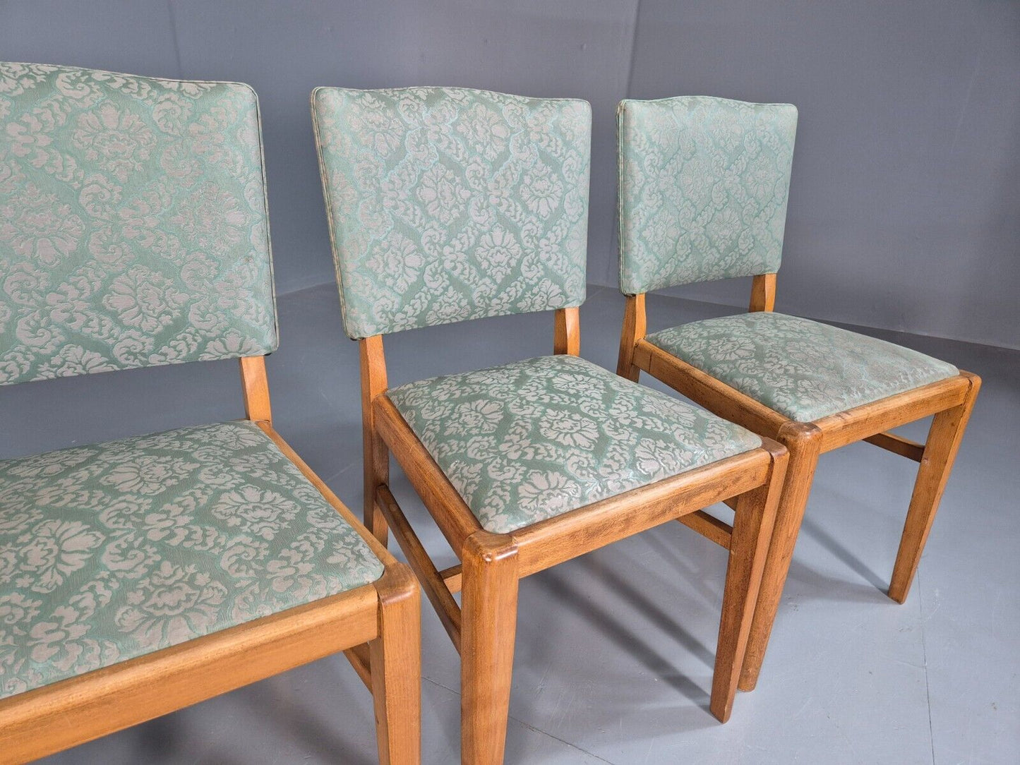 4 Vintage Dining Chairs Green Embossed Vinyl Beech Frame 1960s Retro EB7868 MDIN