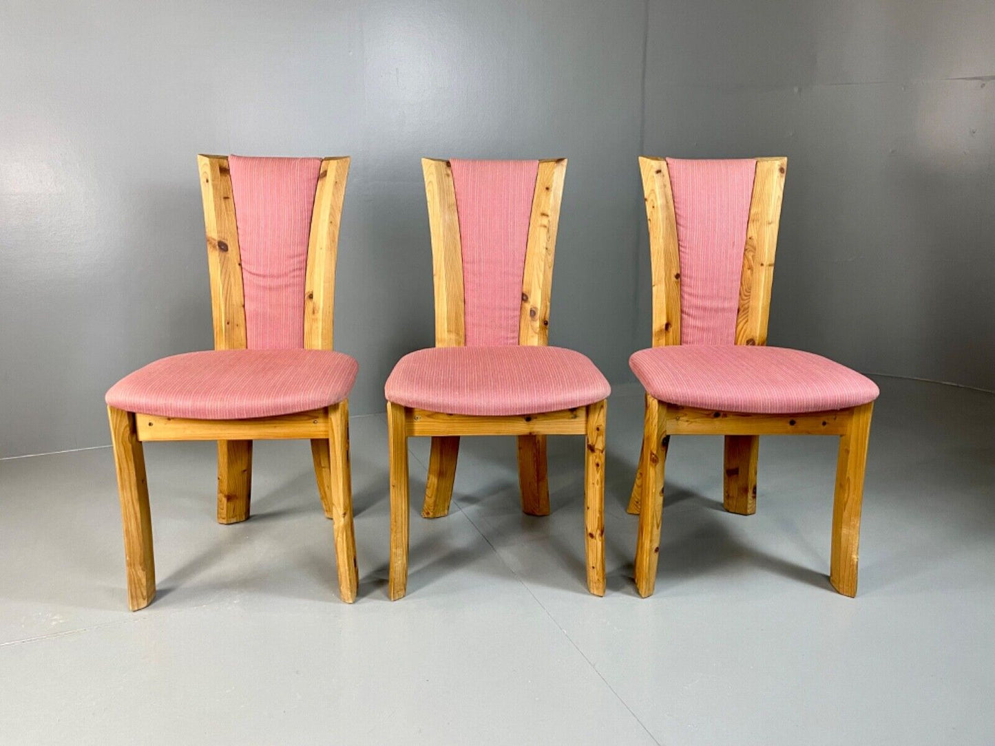 EB4798 3 Danish 1980s Pine & Pink Fabric Dining Chairs, Retro, Post Mod , MDIN